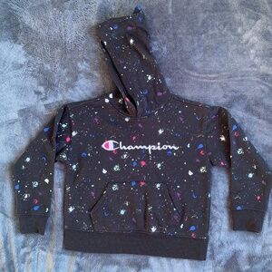 Champion Kids Paint Splatter Script Logo Fleece Hoodie - Black Size 5.